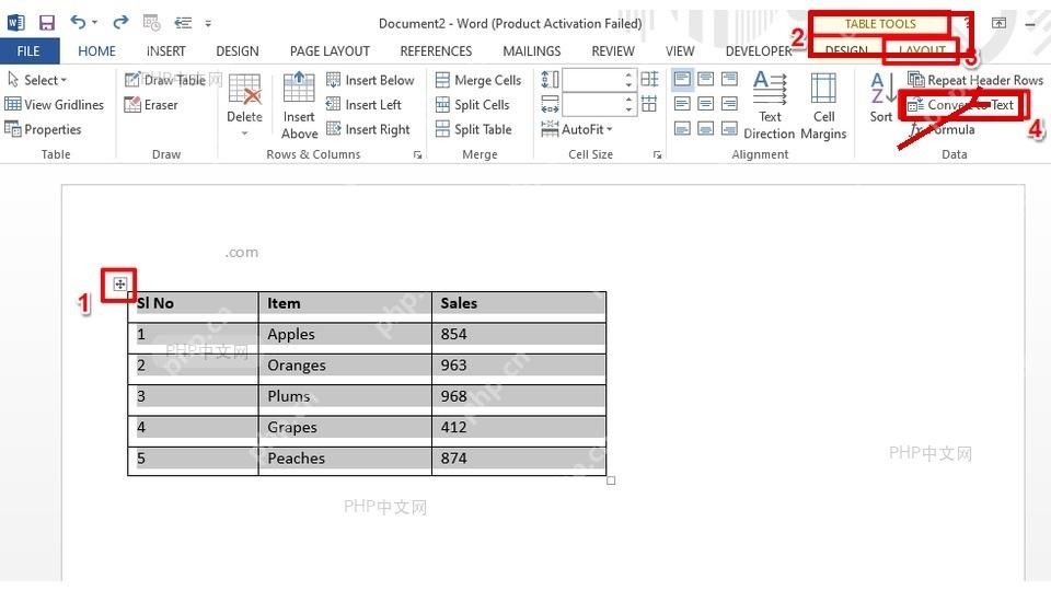 Word 表格工具布局选项卡中,红框标出转换为文本按钮