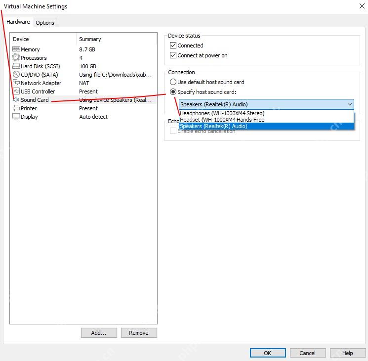VMware Workstation Virtual Machine Settings 窗口选中 Sound Card 并显示连接状态