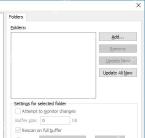 Folders 页面上半部分保留列表与按钮位置,正对应添加非 NTFS U 盘目录。 Everything Folders 页面上半部分,Folders 列表、Add 和 Rescan 按钮可见。