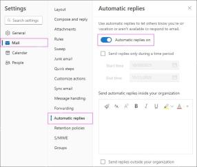 Outlook 网页版邮件设置里的 Automatic replies 自动回复开关