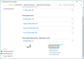 Win10 BitLocker 管理页找到 Change password 修改密码入口