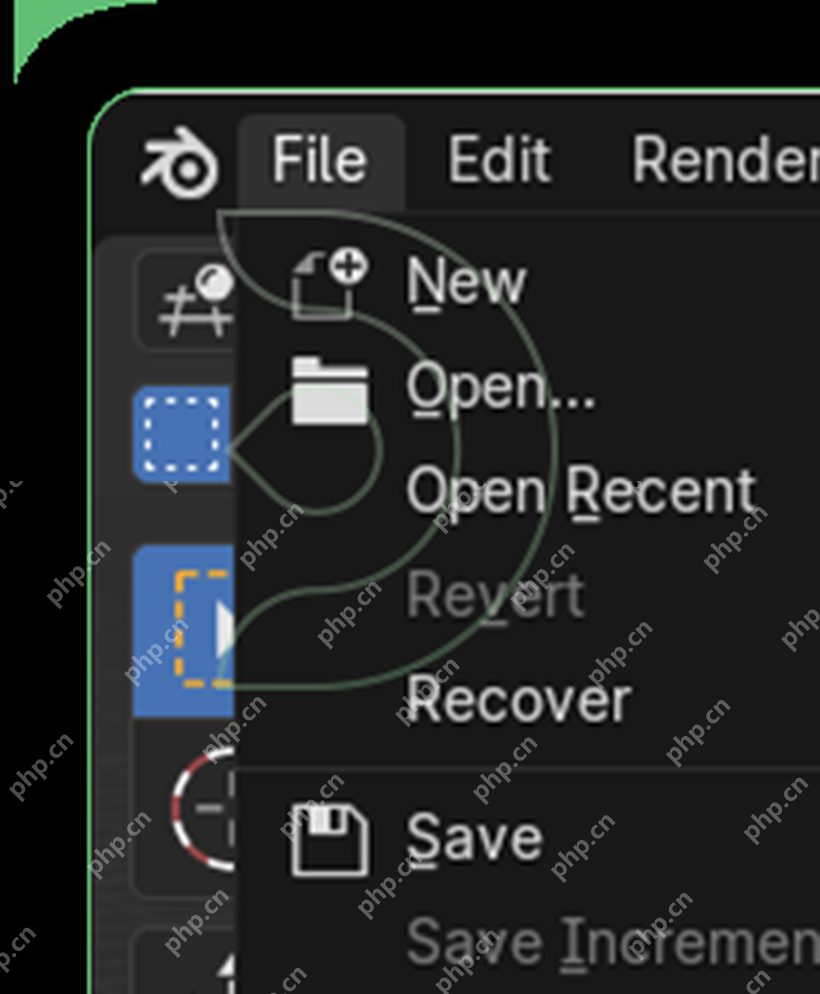 Blender File 菜单中 Recover 入口位于 Open 和 Save 操作之间
