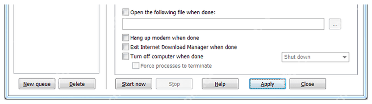 IDM Scheduler 底部 Start now、Apply 和 Close 按钮,对应保存计划。
