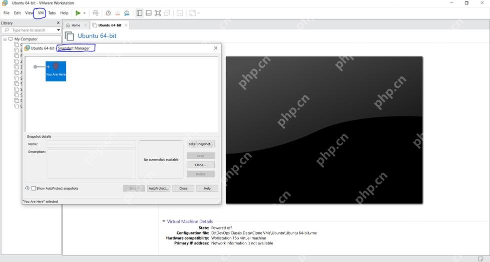 VMware Workstation Snapshot Manager 窗口显示已创建快照和当前状态