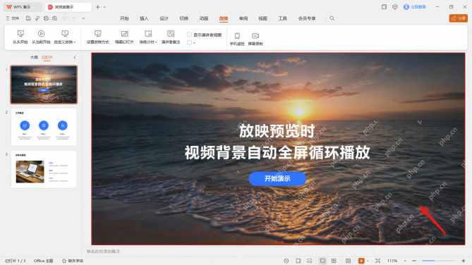 WPS演示放映时检查视频背景全屏循环效果