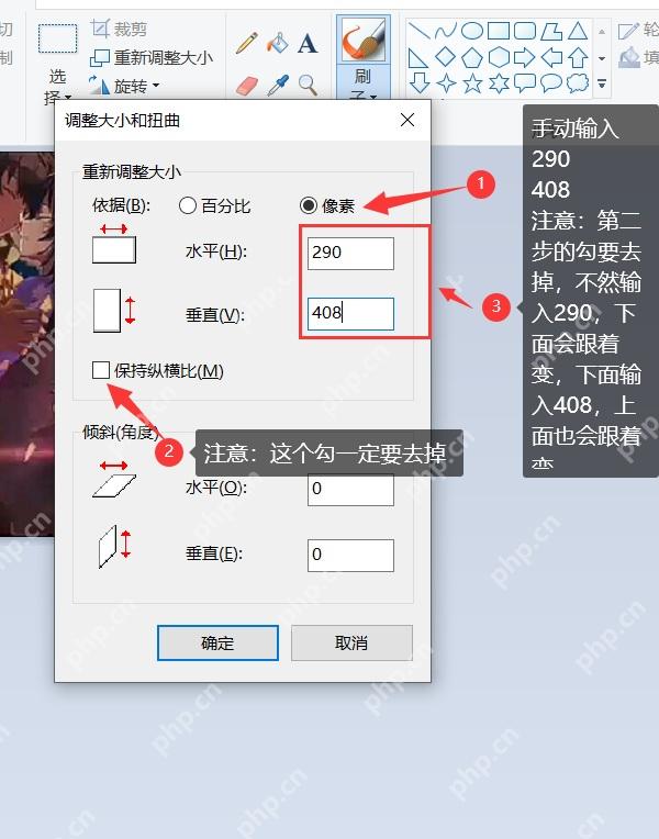 Windows 10 画图中填写像素宽高并确认调整