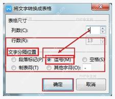 WPS 将文字转换成表格窗口中选择逗号作为文字分隔位置