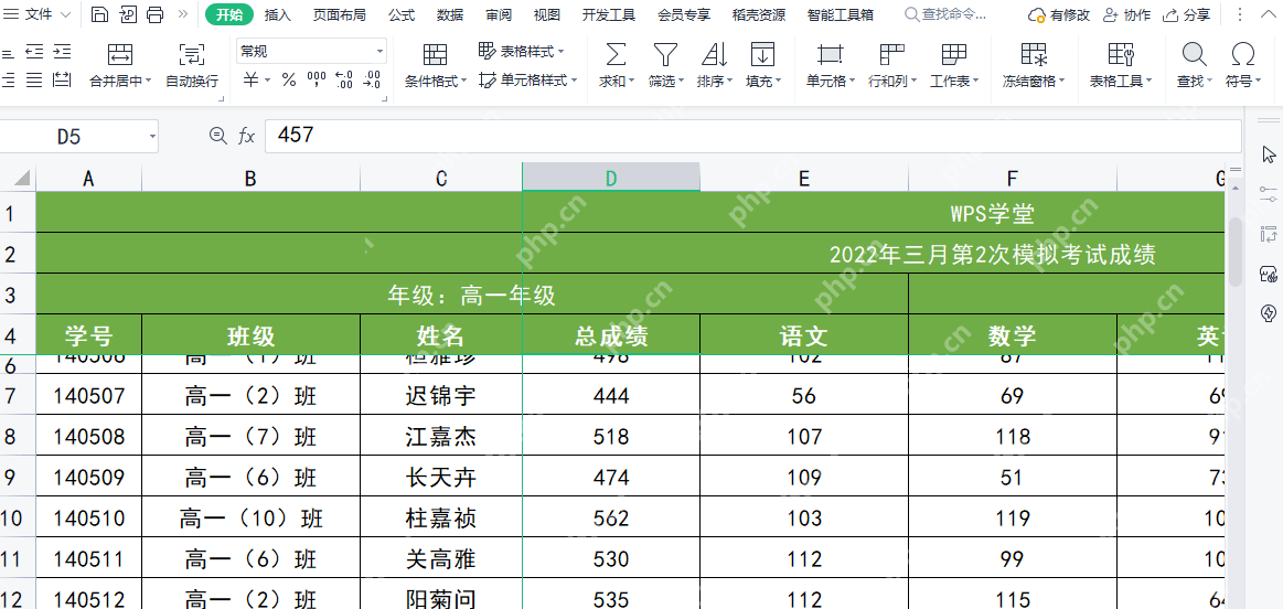 WPS表格向下滚动后表头仍固定在顶部的结果界面