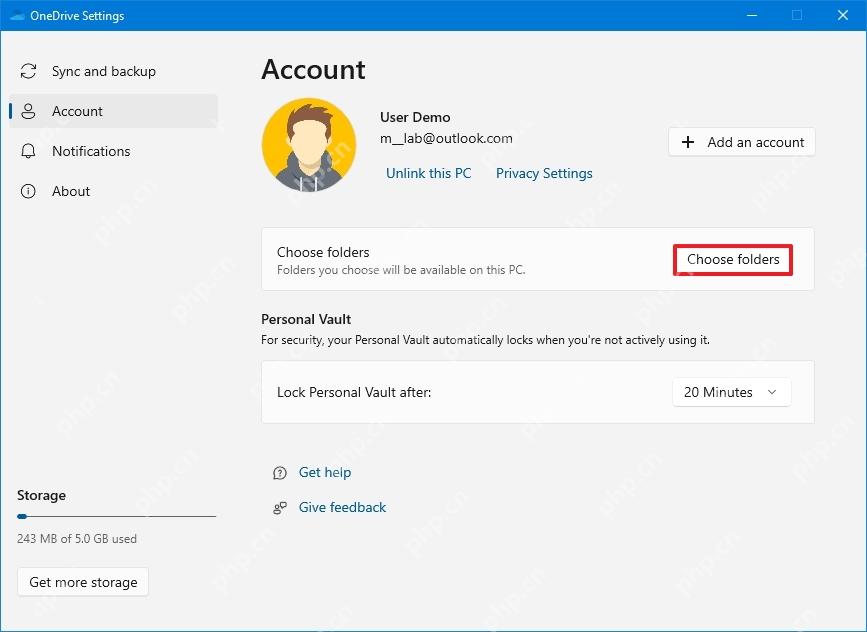OneDrive Settings Account页面左下角Storage显示243 MB of 5.0 GB used