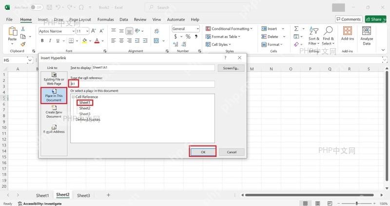 Excel 插入超链接窗口中选择 Place in This Document,用于跳转到工作簿内位置
