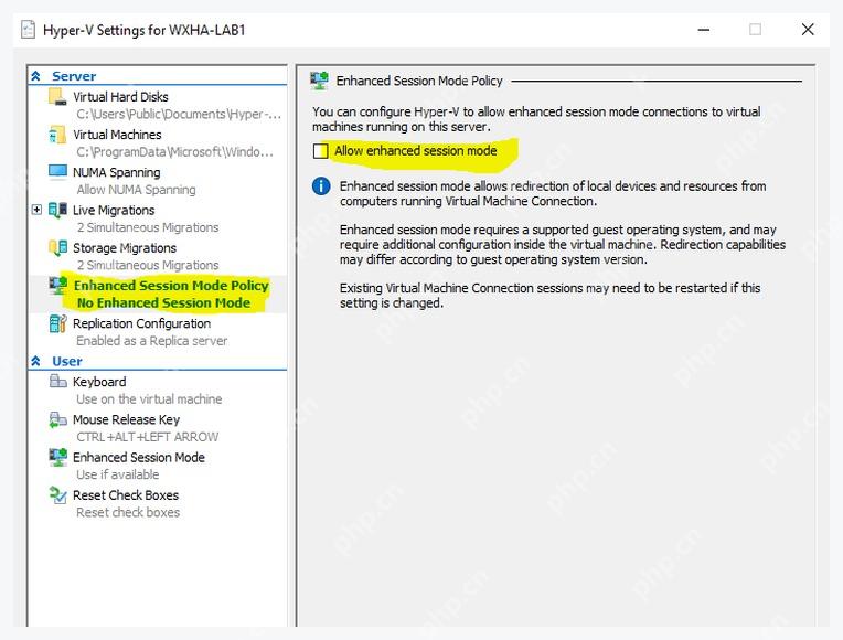 Hyper-V Settings 中 Enhanced Session Mode Policy 未勾选 Allow enhanced session mode