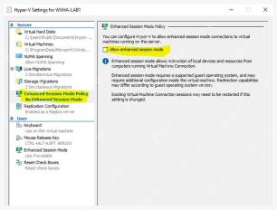 Hyper-V Settings 中 Enhanced Session Mode Policy 未勾选 Allow enhanced session mode
