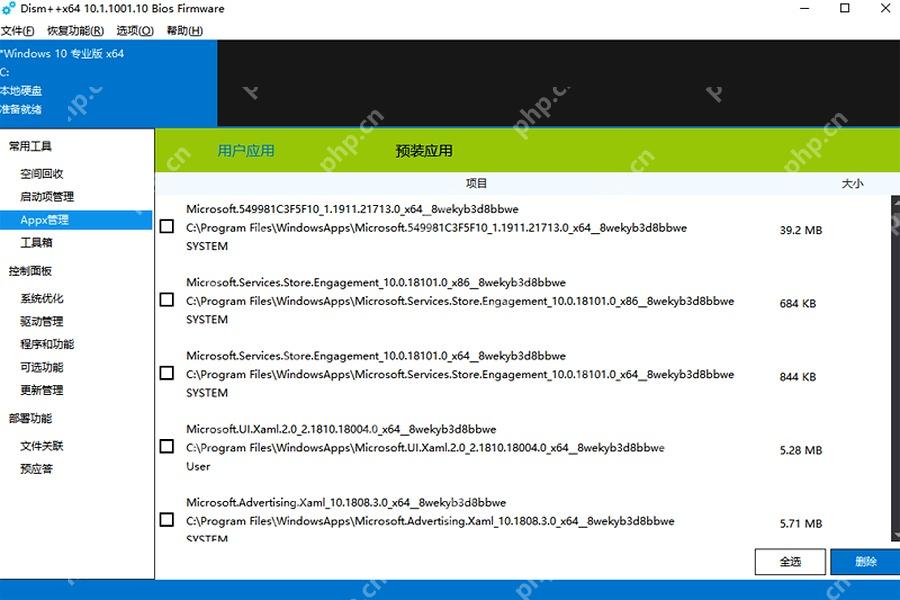 Dism++ Appx 管理页面显示已安装应用包列表和删除按钮