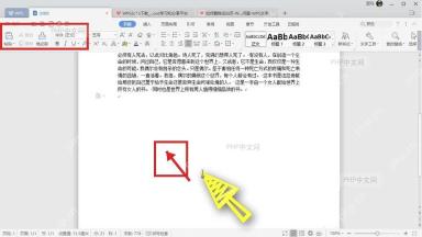 WPS 文字编辑界面中的文档区域和鼠标指针,用于确认需要调整的是系统鼠标指针大小
