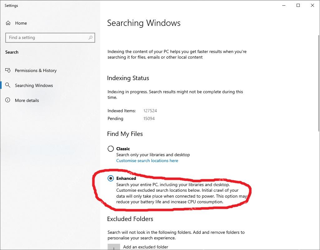Win10 Searching Windows 页面中 Enhanced 增强模式被选中