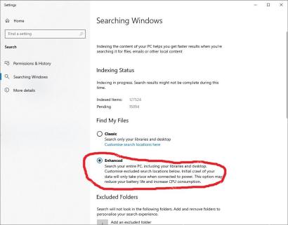 Win10 Searching Windows 页面中 Enhanced 增强模式被选中