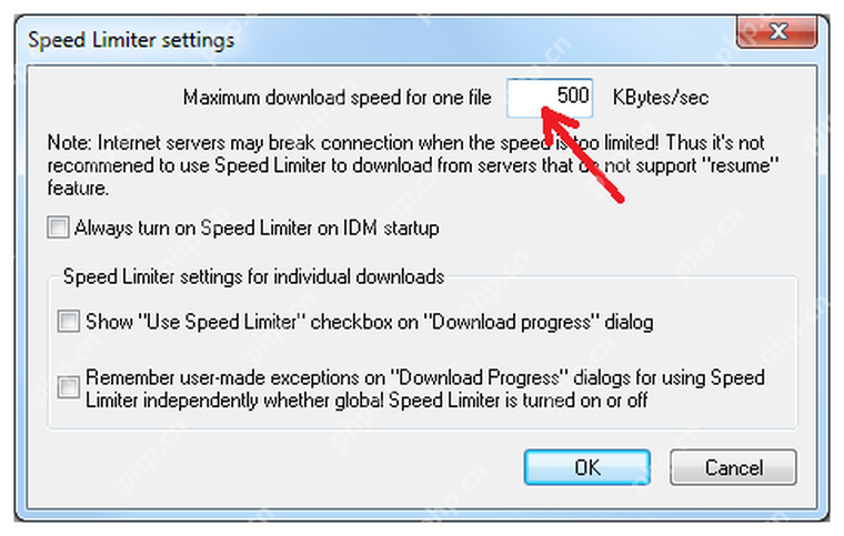 IDM Speed Limiter settings 窗口显示 Maximum download speed for one file。