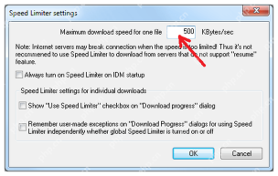IDM Speed Limiter settings 窗口显示 Maximum download speed for one file。