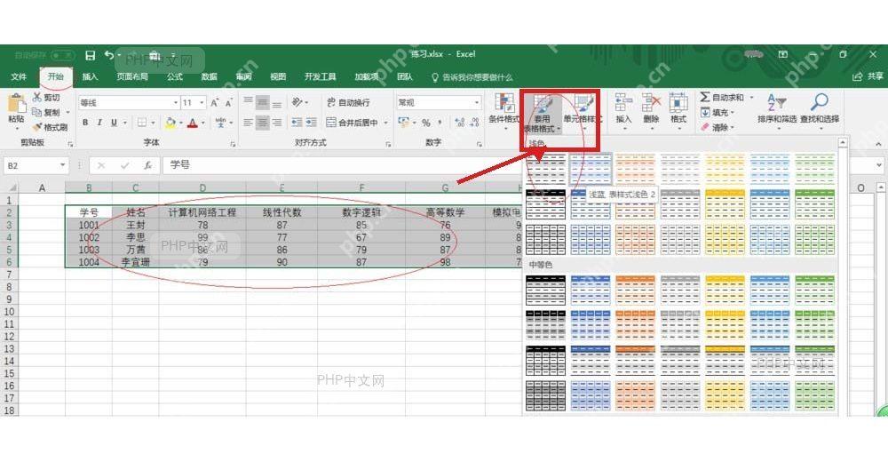Excel 开始选项卡中选中数据区域并打开套用表格格式样式库