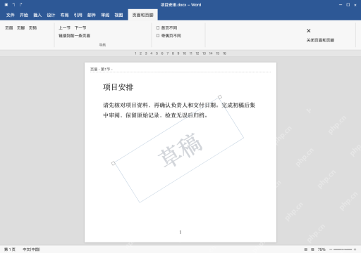 模拟 Microsoft Word 简体中文桌面版完整界面:进入页眉,核对是否有独立对象