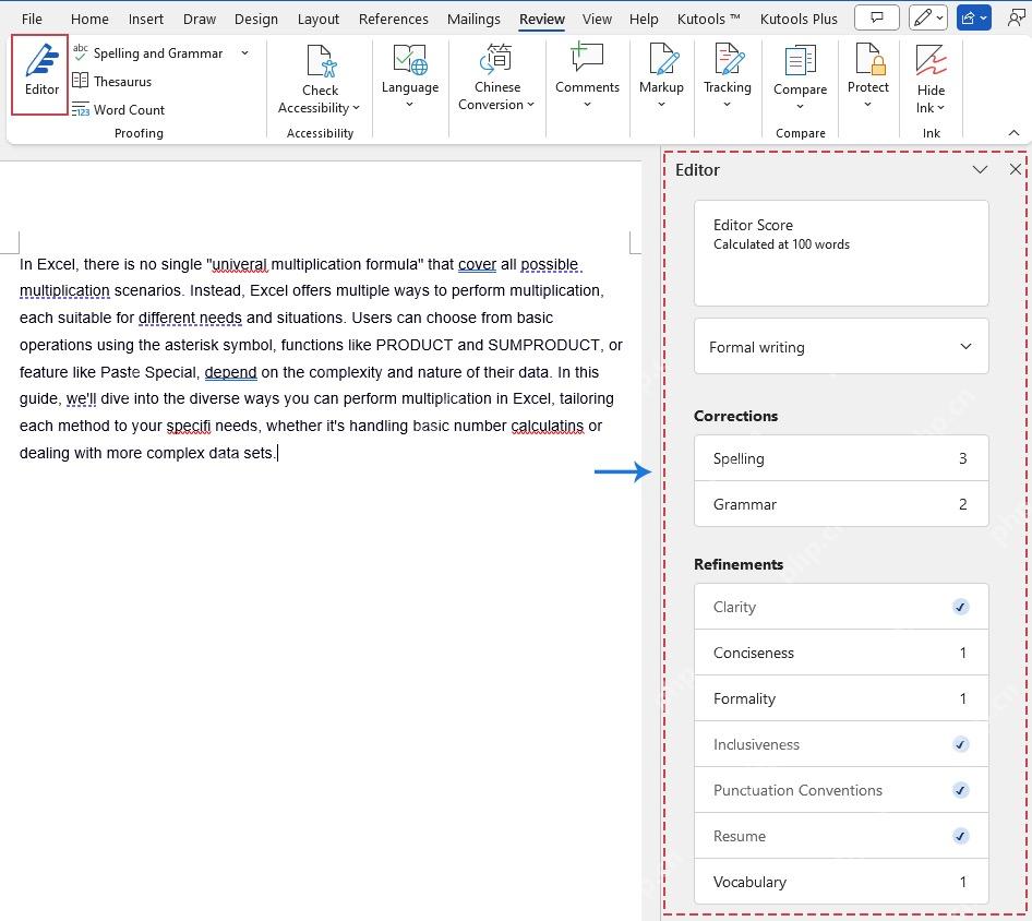 Word Editor 窗格显示 Spelling Grammar 和 Refinements 建议数量