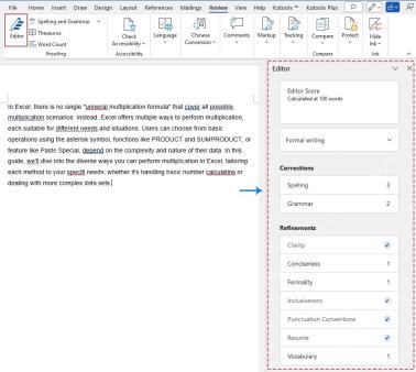 Word Editor 窗格显示 Spelling Grammar 和 Refinements 建议数量