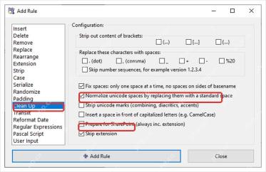 ReNamer Clean Up 规则包含 Fix spaces 和 Normalize unicode spaces。