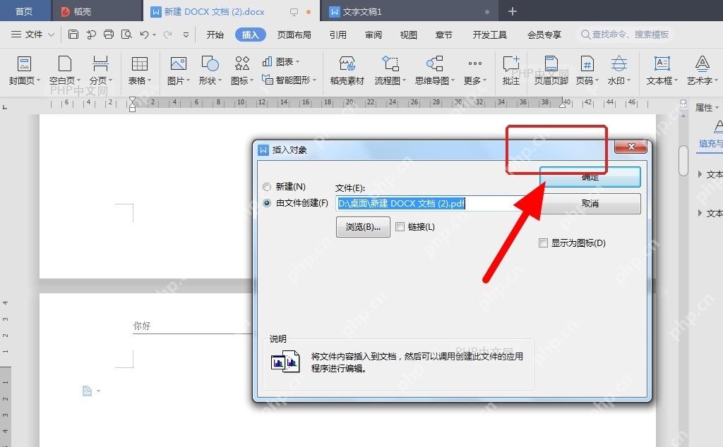 WPS文字对象窗口中确认PDF路径并点击确定插入