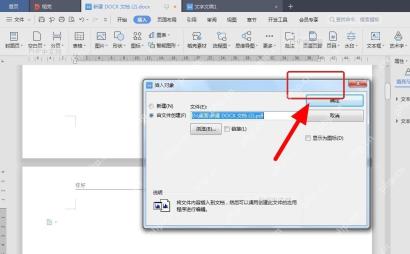WPS文字对象窗口中确认PDF路径并点击确定插入