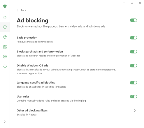 AdGuard Ad blocking 页面基础过滤器开关