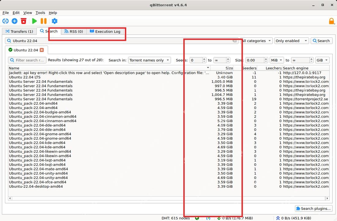 qBittorrent 任务列表和搜索结果页面,用于判断资源节点不足导致没有下载速度
