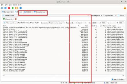 qBittorrent 任务列表和搜索结果页面，用于判断资源节点不足导致没有下载速度