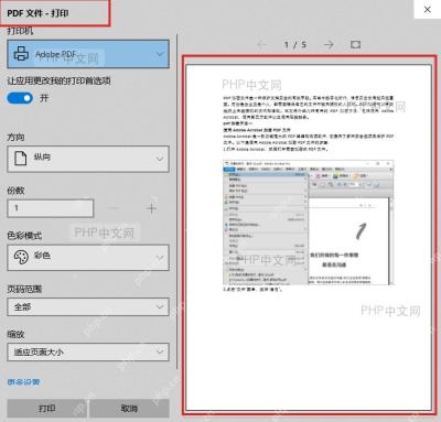 Windows PDF 打印窗口右侧显示页面预览区,左侧是打印机和页面设置