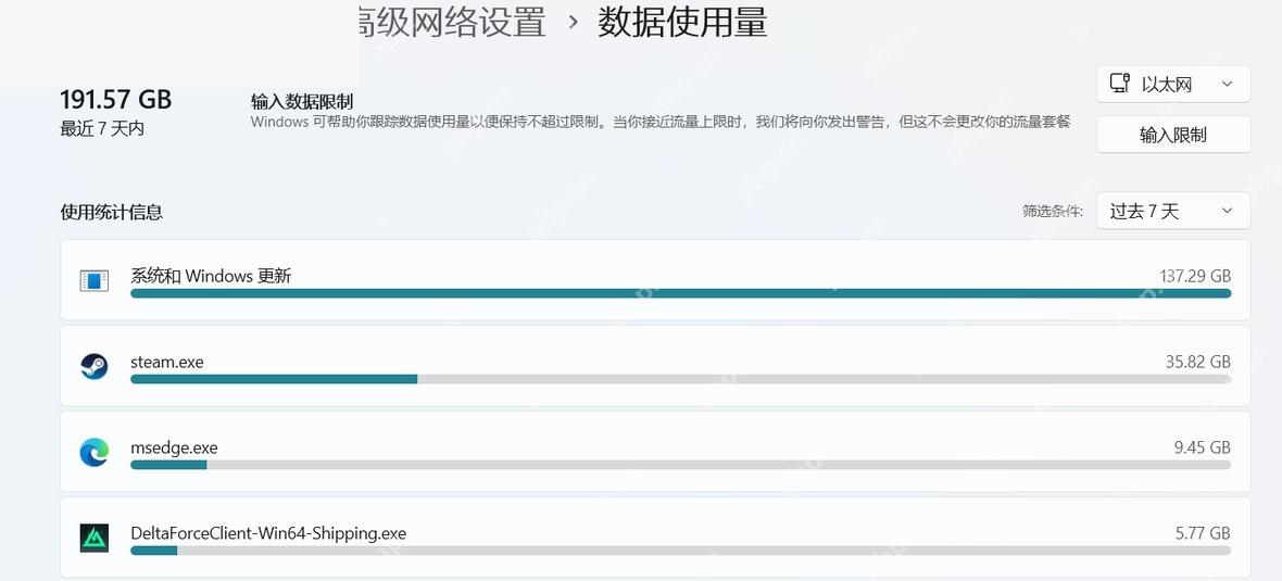 在数据使用量页面查看应用流量统计