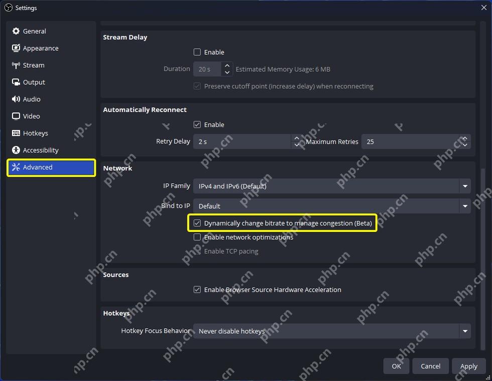 OBS Studio Advanced Network 区域高亮 Dynamically change bitrate to manage congestion 选项
