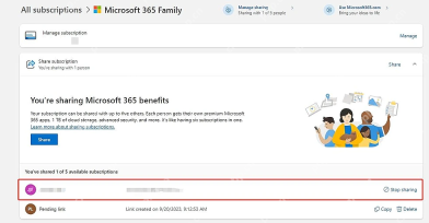 Microsoft 365 Family 服务和订阅页面中的 Share subscription 区域