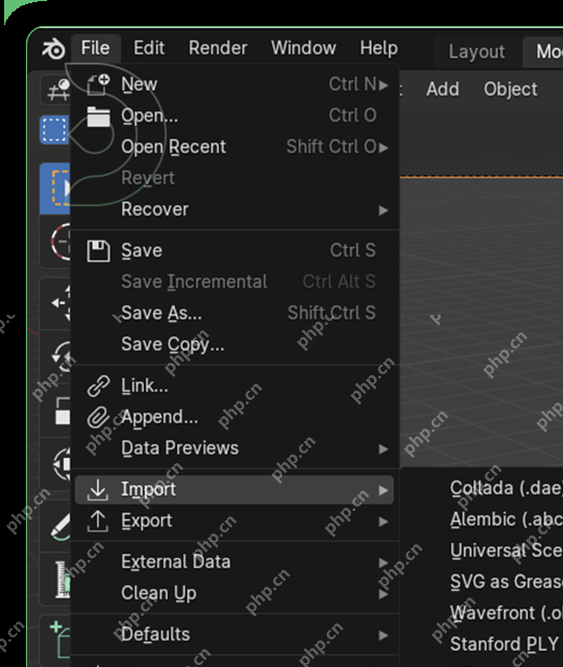 Blender File 菜单展开 Import 子菜单并显示 FBX 格式入口
