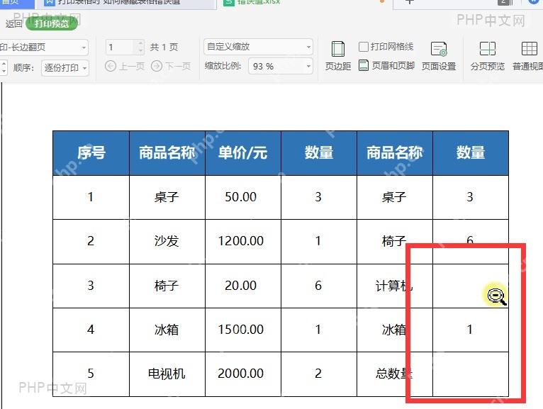 打印预览中错误值位置已经变成空白