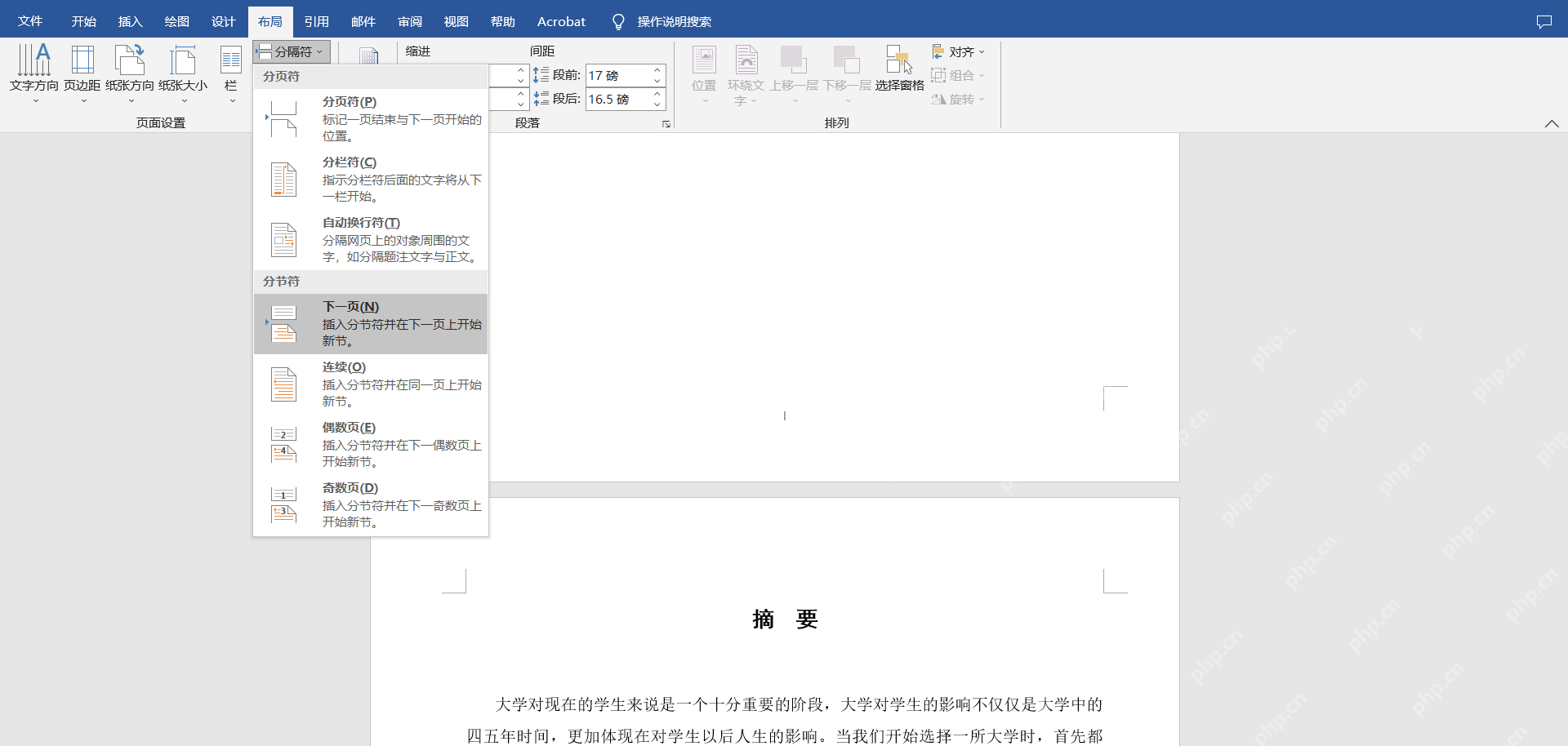 Word插入下一页分节符