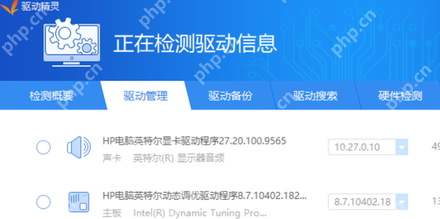 驱动精灵界面显示驱动列表,用户可勾选待安装驱动项 驱动精灵‘驱动管理’页,正在检测并列出硬件驱动(含声卡、主板等) 驱动精灵驱动管理界面,准备勾选打印机驱动进行安装