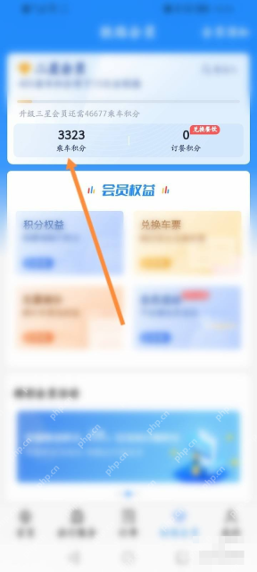 铁路12306中文手机App界面，铁路会员页中的乘车积分数值，证明步骤“打开乘车积分”