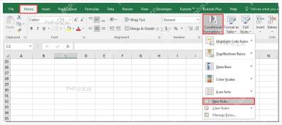 Excel 开始选项卡中打开条件格式并选择新建规则