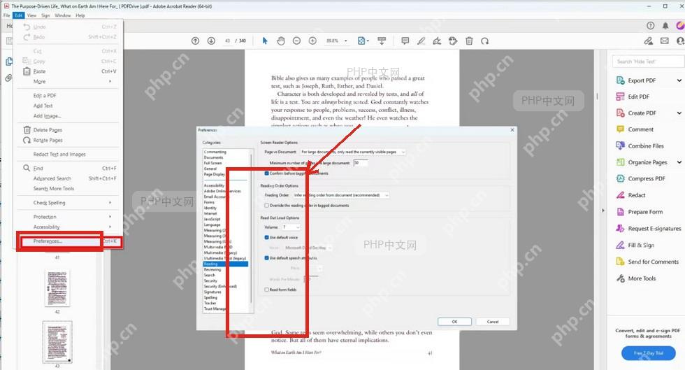 Acrobat Reader 首选项中的阅读分类和朗读相关设置用于检查语音输出