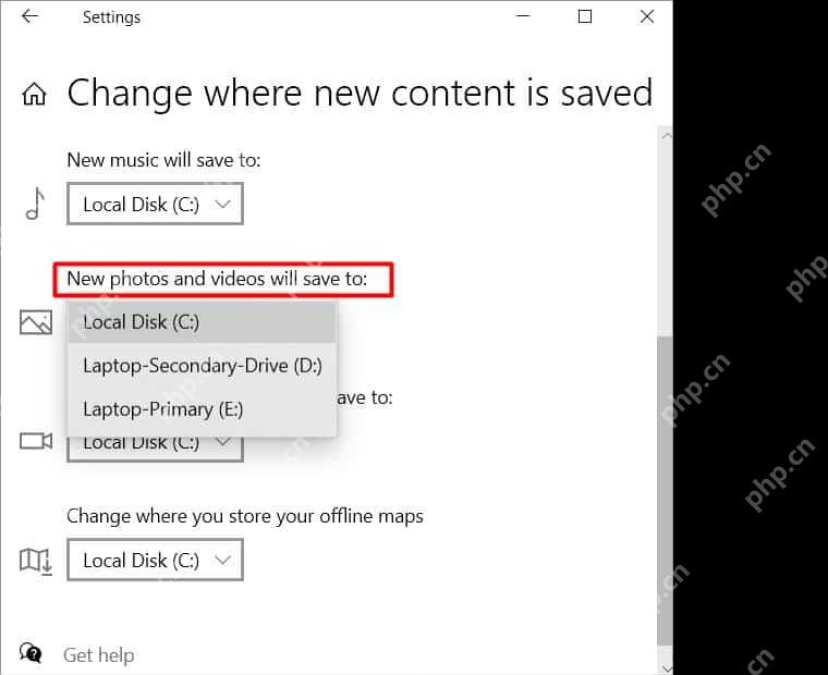 Win10 更改新内容保存位置页面中新的照片和视频将保存到下拉框