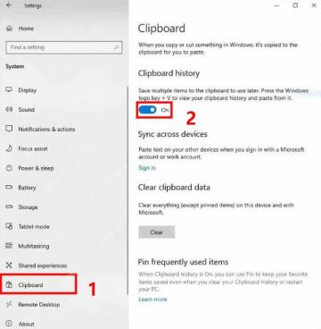 Windows10 Clipboard 设置页包含历史记录、同步和清除剪贴板数据区域
