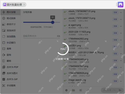 Windows 版 uTools 图片批量处理批量执行中显示圆形进度和已处理张数,证明大批量压缩时可以直接观察进度而不用反复退出重来。