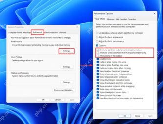 Windows 性能选项视觉效果中取消菜单和窗口动画相关选项