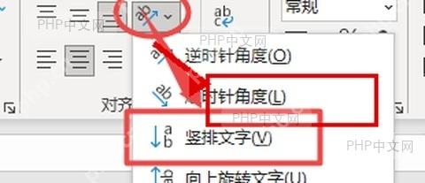 Excel 文字方向下拉菜单中选中竖排文字选项