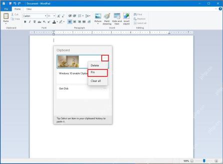 Windows10 剪贴板历史记录面板中项目菜单的 Pin 固定选项