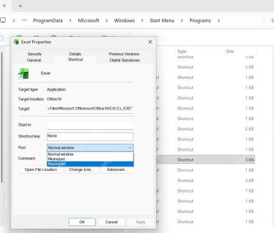 Win11 Excel 快捷方式属性运行方式下拉框显示 Normal Minimized Maximized